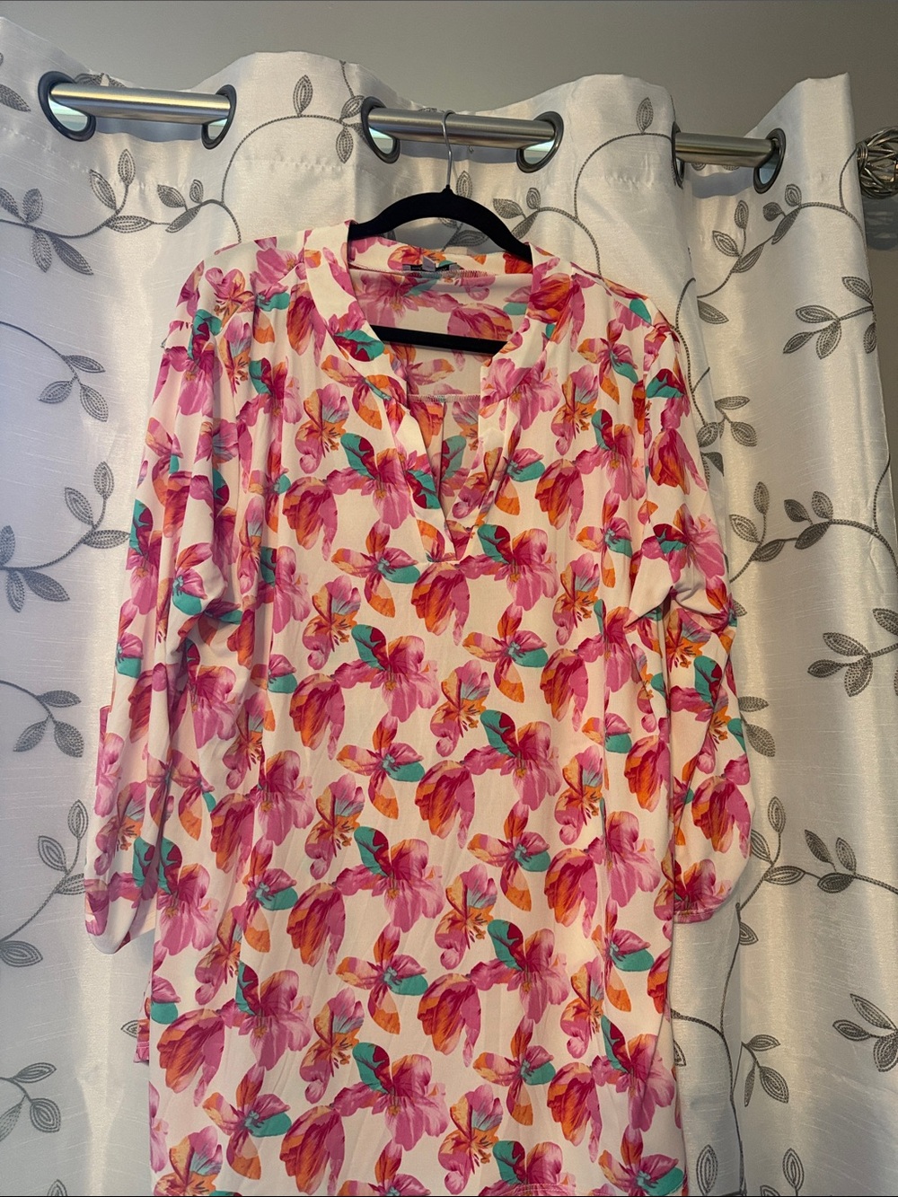 white birch Floral V-Neck Tunic Top in Pink, Teal & Orange